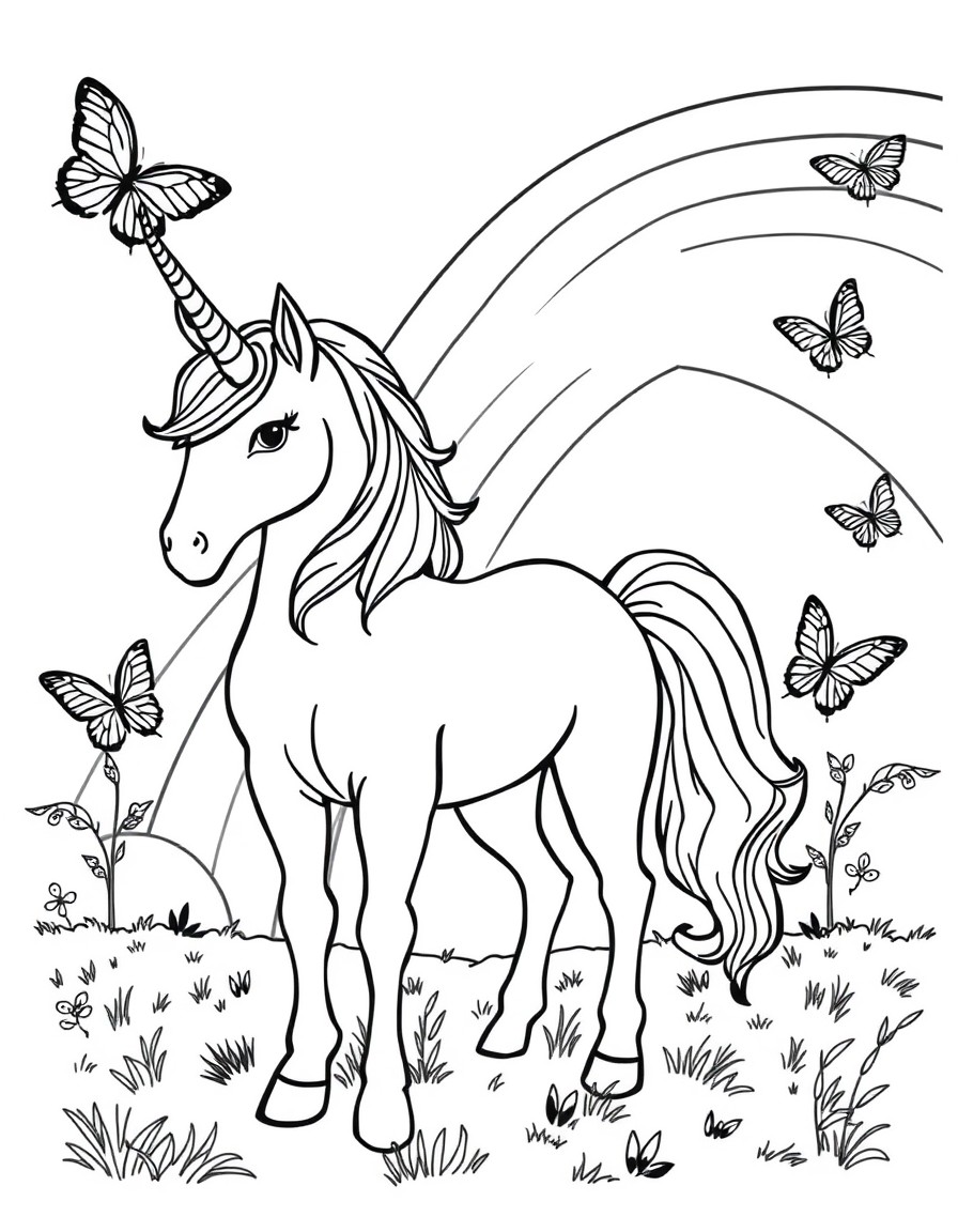 A unicorn standing on the ground and in the background a rainbow with butterflies on the sides