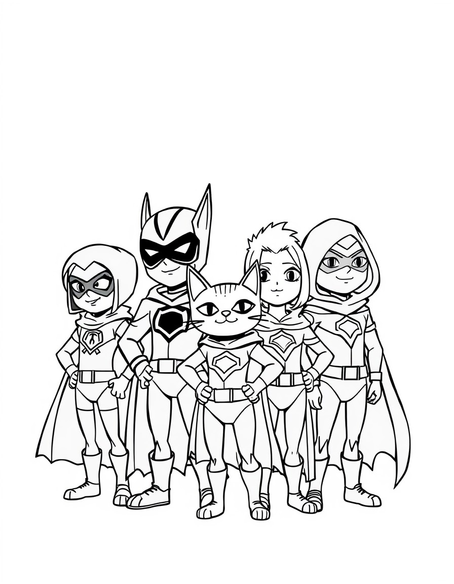 Prompt pour la famille Boliks en style bande dessine   Illustration dynamique et colore dune famille de super-hros djante  Les Boliks. Chaque membre a un costume unique refltant son pouvoir. 		Chat-g-