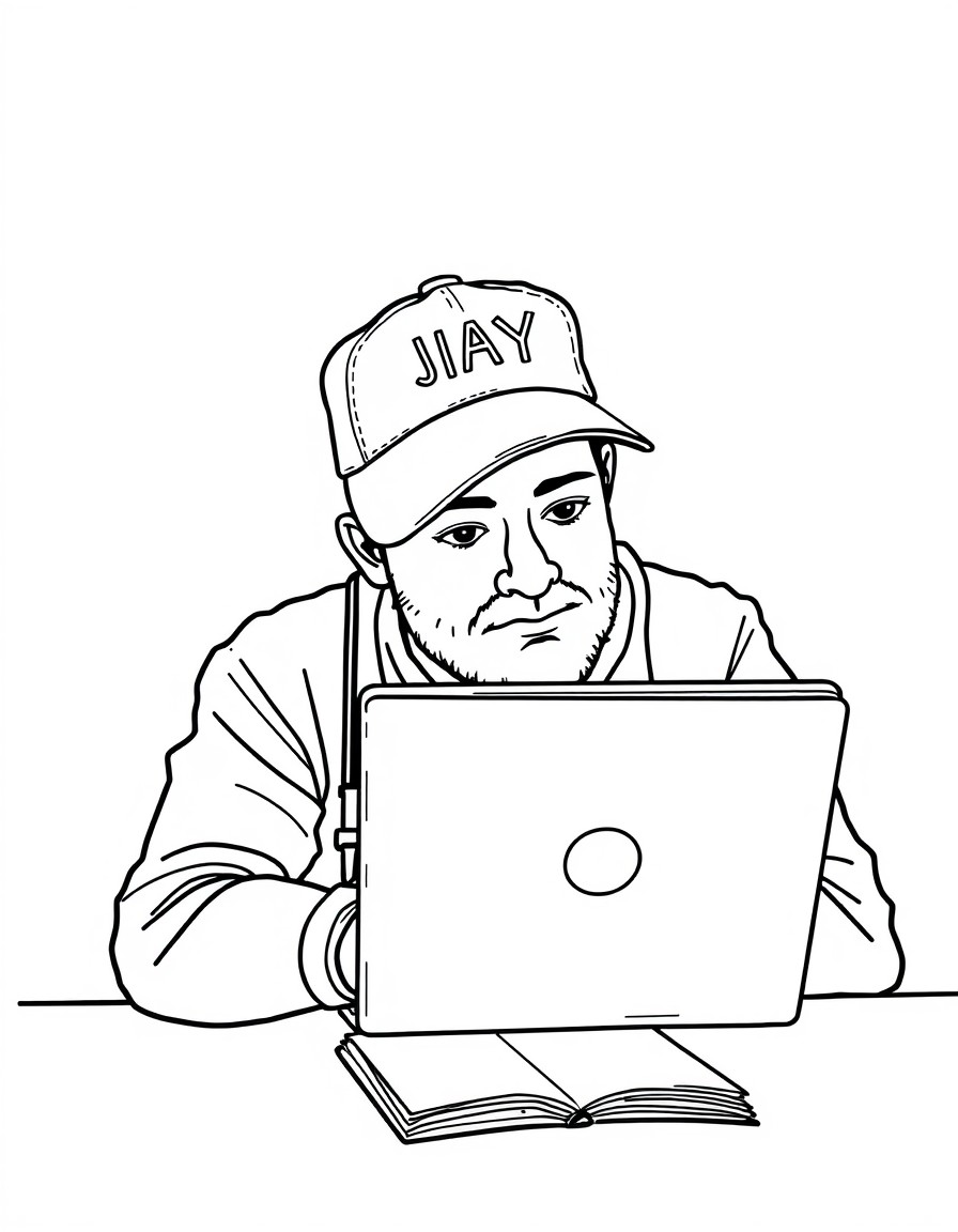 A travel writer with a cap that has the name 'JAY' on it. The writer is seated on a table facing a laptop.