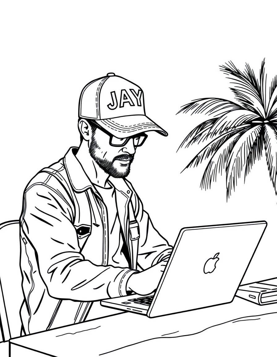 A travel writer with a cap that has the name 'JAY' on it. The writer is seated on a table facing a laptop.
