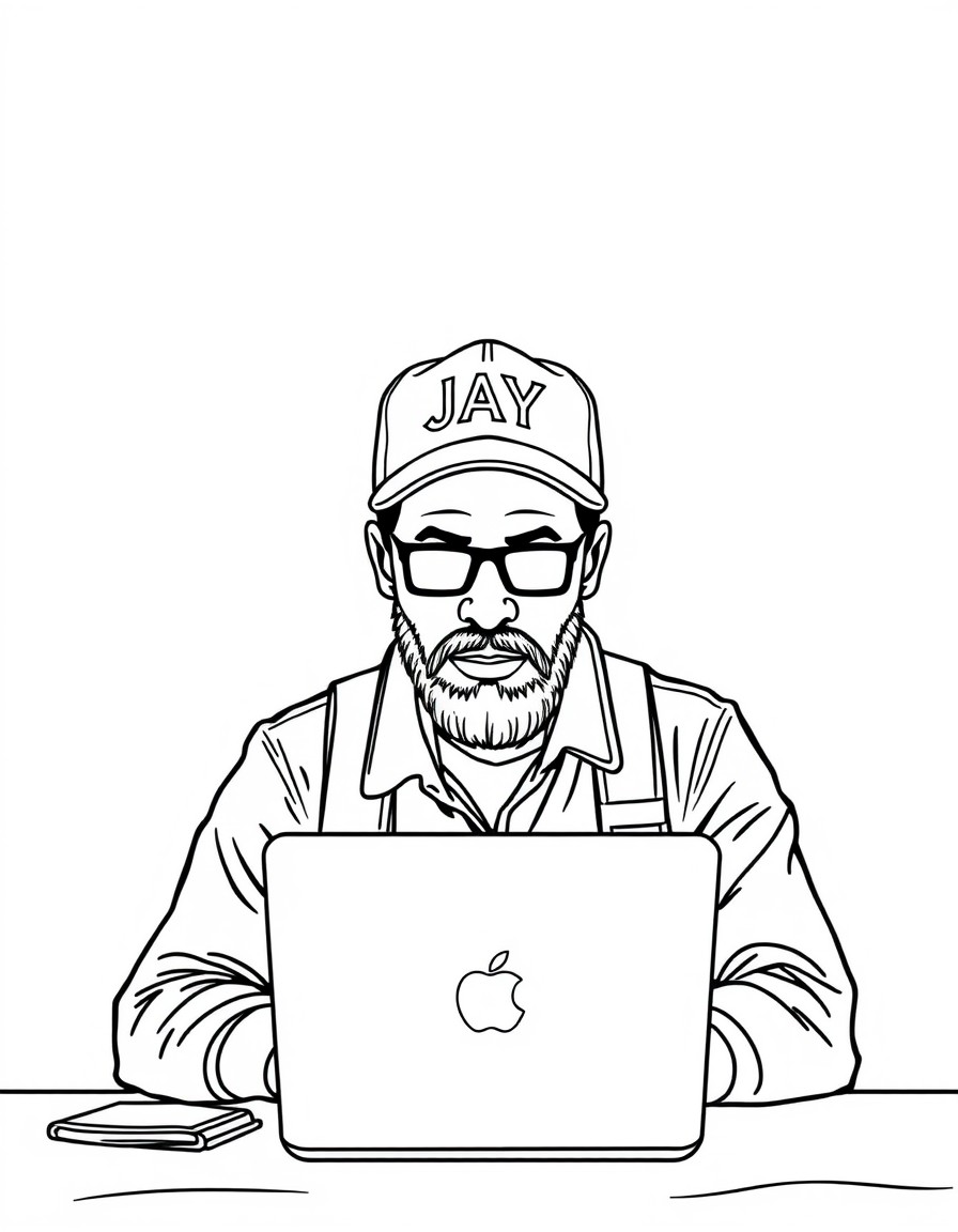 A travel writer with a cap that has the name 'JAY' on it. The writer is seated on a table facing a laptop.