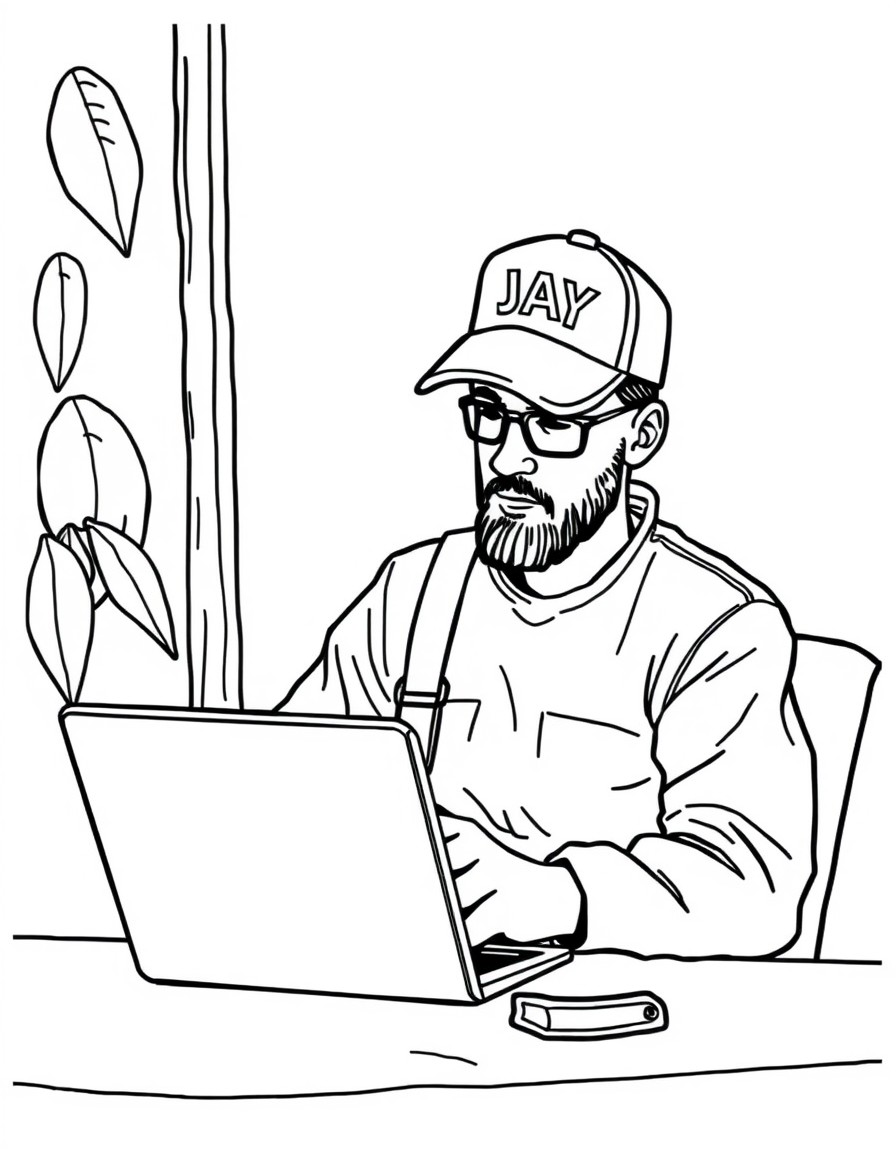A travel writer with a cap that has the name 'JAY' on it. The writer is seated on a table facing a laptop.