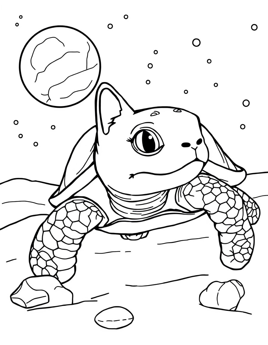 A turtle with cat head on a beach in space