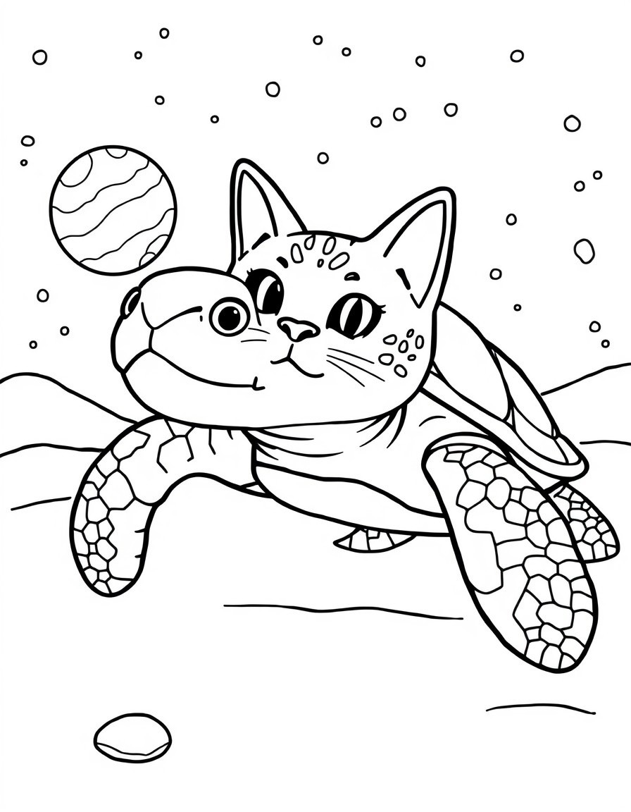 A turtle with cat head on a beach in space