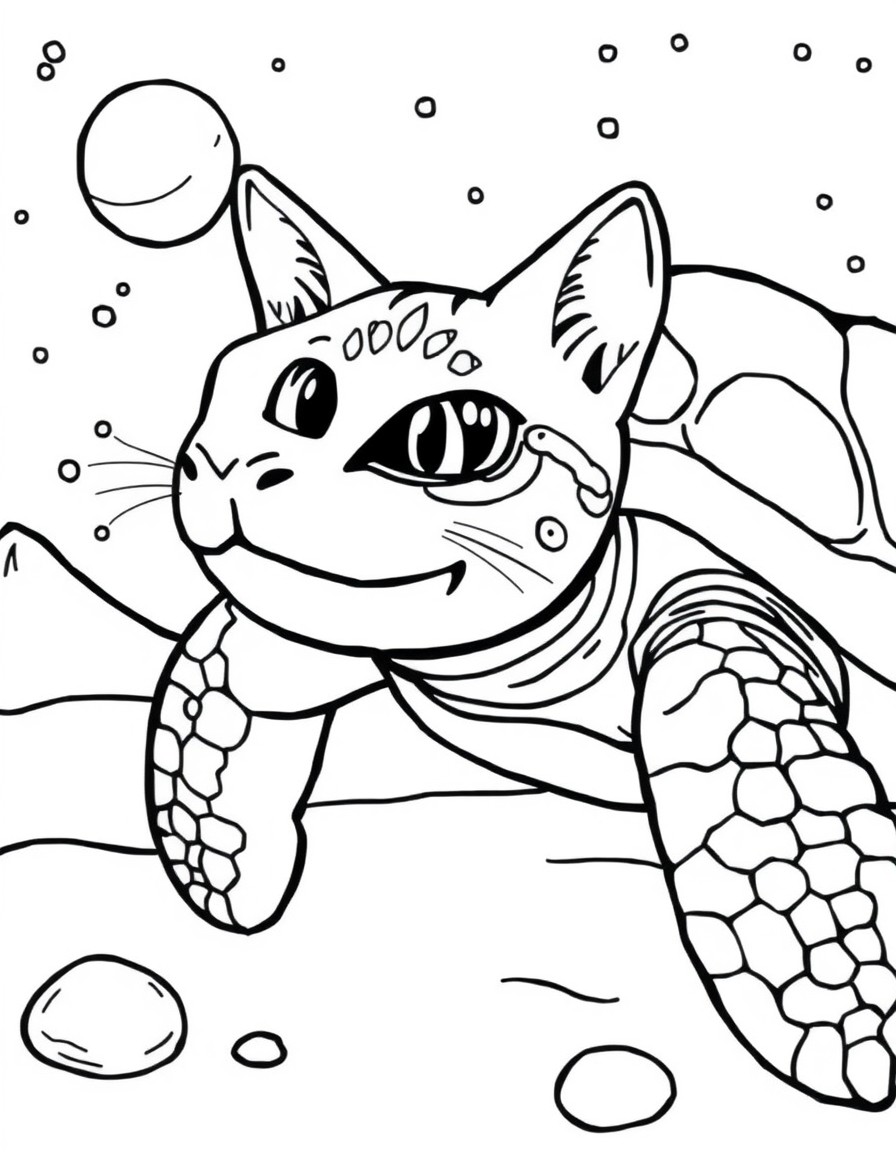 A turtle with cat head on a beach in space