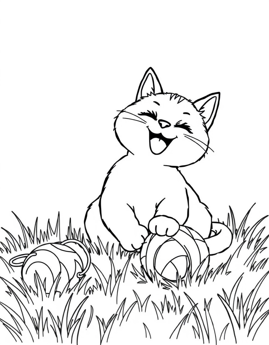 A cat playing with a ball of wool on the grass the cat iks happy and fat