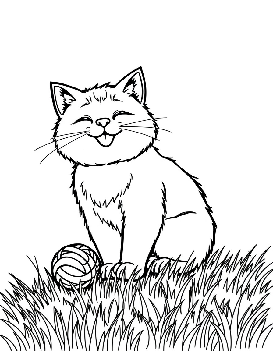 A cat playing with a ball of wool on the grass the cat iks happy and fat