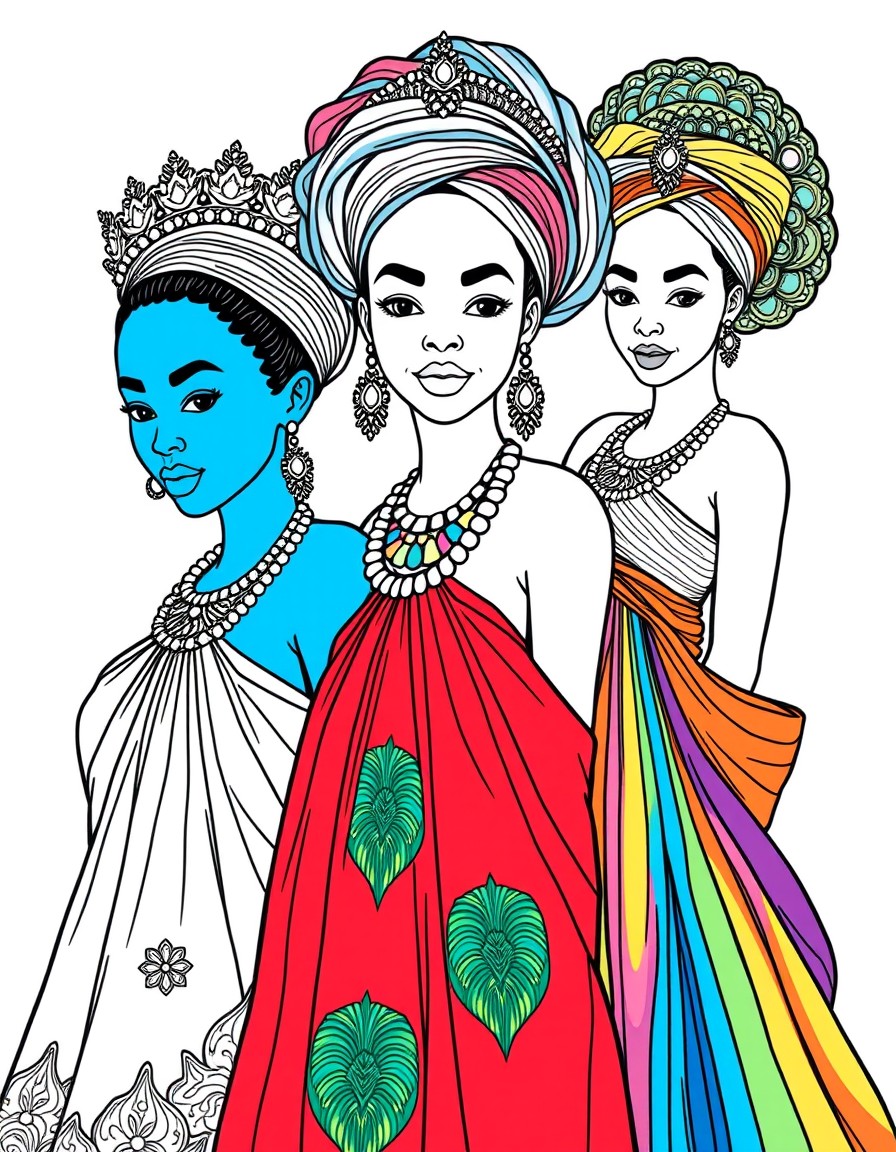 3 Royal African princesses in colorful dresses. Blue, red and rainbow