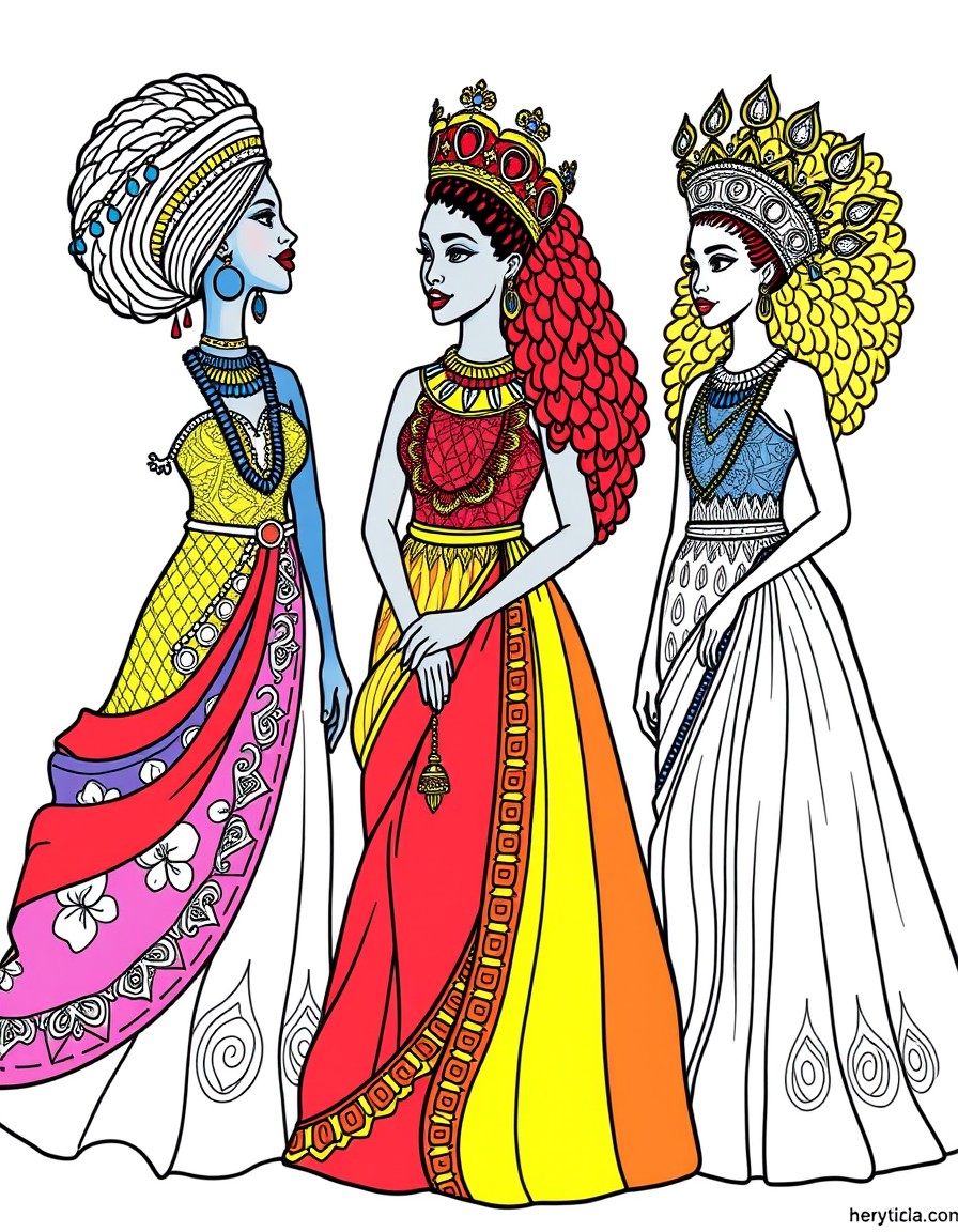 3 Royal African princesses in colorful dresses. Blue, red and rainbow