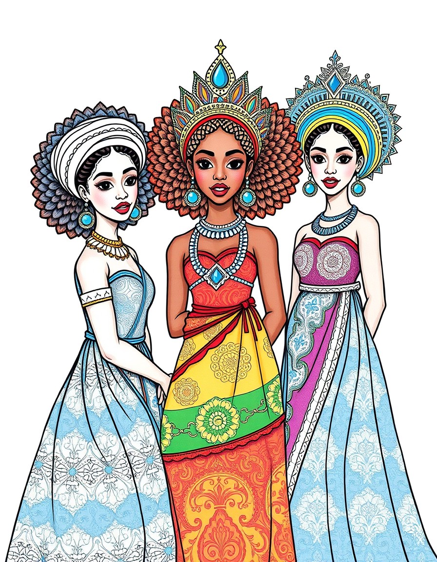 3 Royal African princesses in colorful dresses. Blue, red and rainbow
