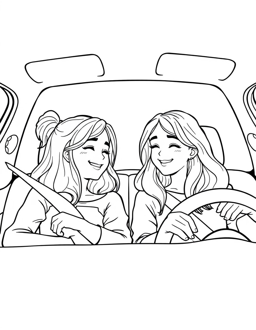 Two human girl best friends in a car on a road trip snuggling and smiling!