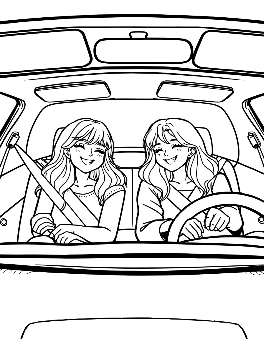 Two human girl best friends in a car on a road trip snuggling and smiling!