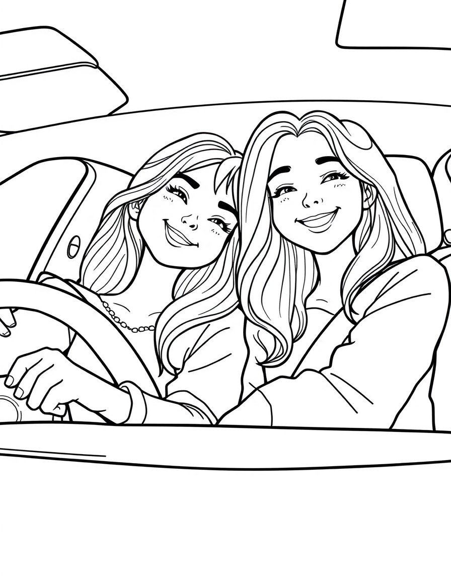 Two human girl best friends in a car on a road trip snuggling and smiling!