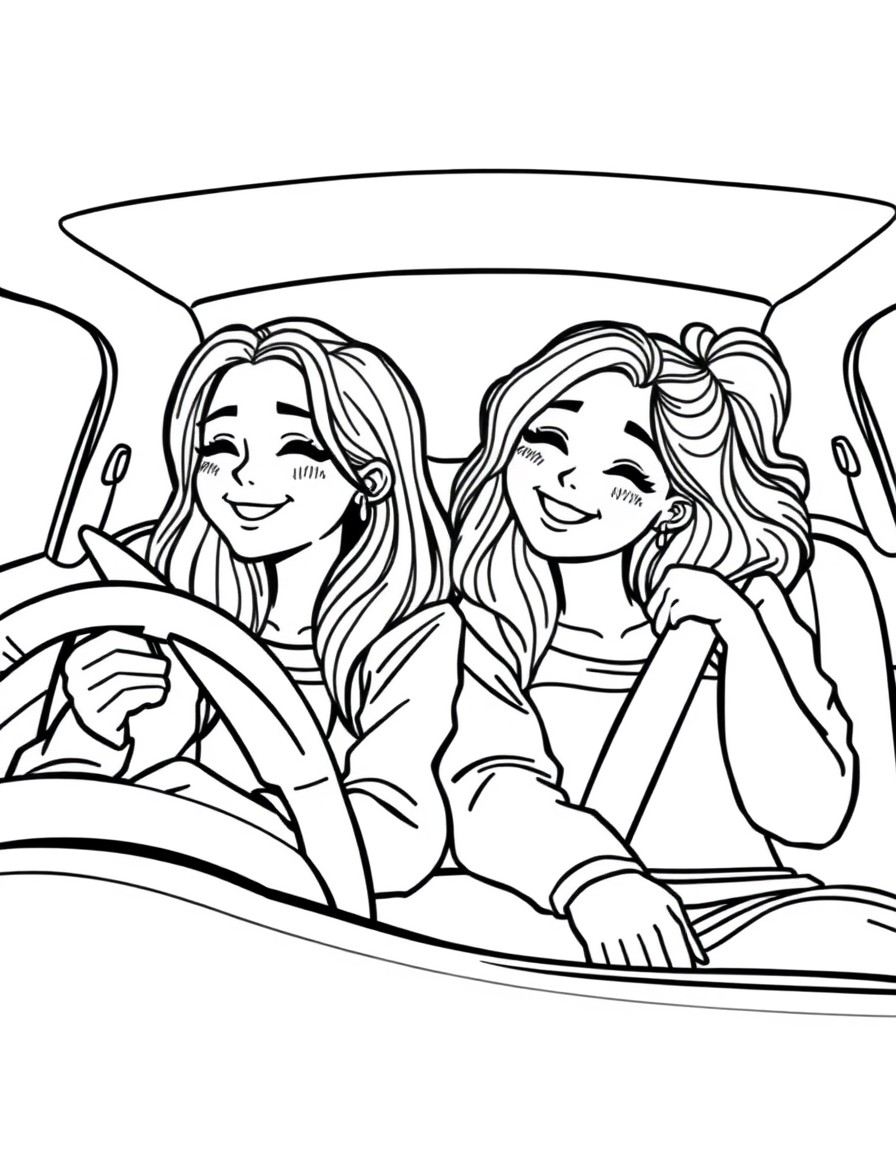 Two human girl best friends in a car on a road trip snuggling and smiling!