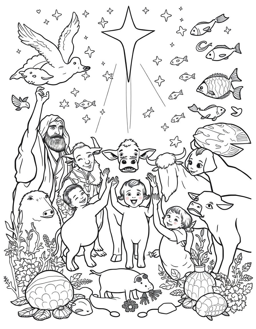 creatures in heaven and on earth and under the earth and in the sea including human and cows and fish, they are celebrating. More human and children and different kinds of animals. only real animals,