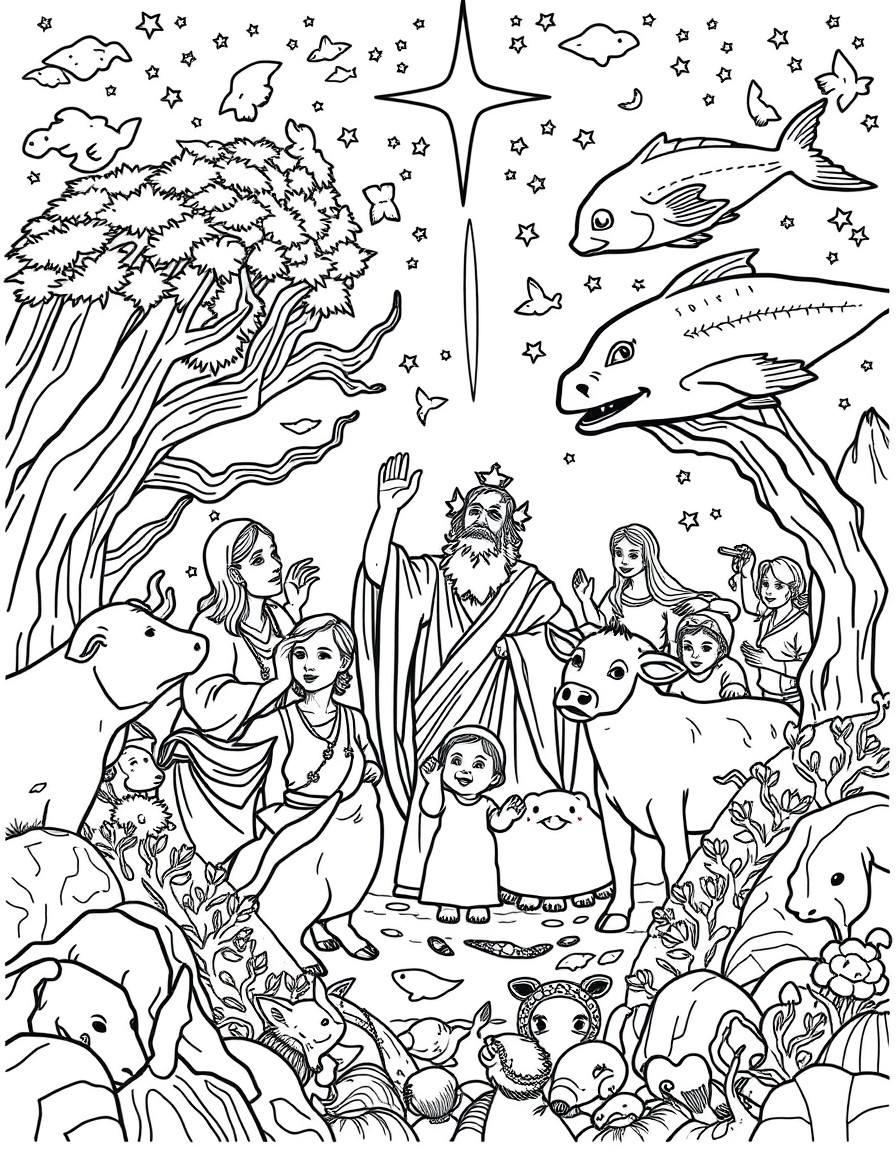 creatures in heaven and on earth and under the earth and in the sea including human and cows and fish, they are celebrating. More human and children and different kinds of animals. only realistic huma