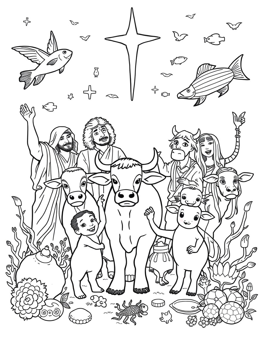 creatures in heaven and on earth and under the earth and in the sea including human and cows and fish, they are celebrating. More human and children and different kinds of animals. only realistic huma