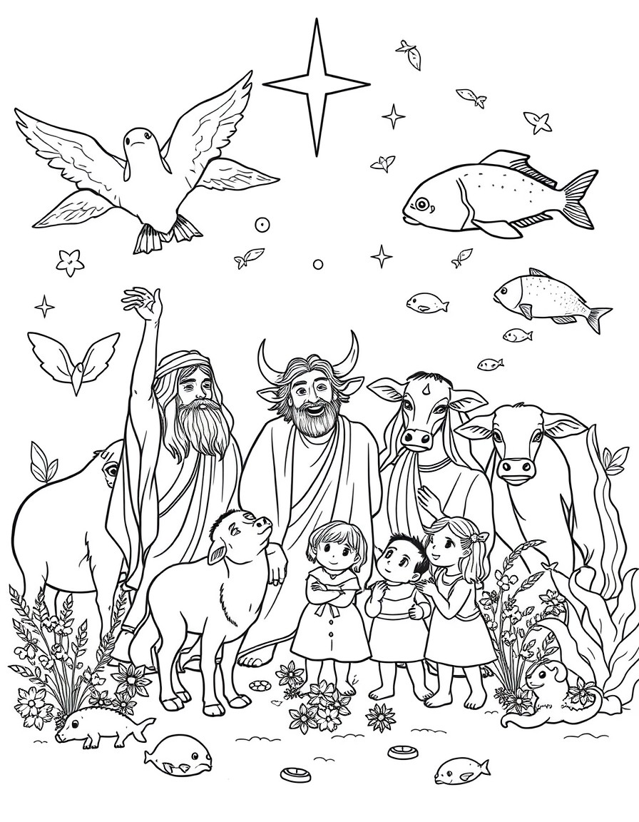 creatures in heaven and on earth and under the earth and in the sea including human and cows and fish, they are celebrating. More human and children and different kinds of animals. only realistic huma