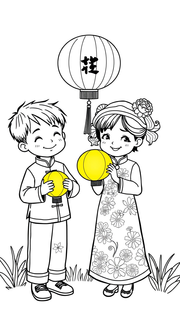 A children's coloring book style illustration of two Vietnamese children, a boy and a girl, celebrating the Mid-Autumn Festival. They are wearing traditional Ao Dai and happily carrying glowing, color