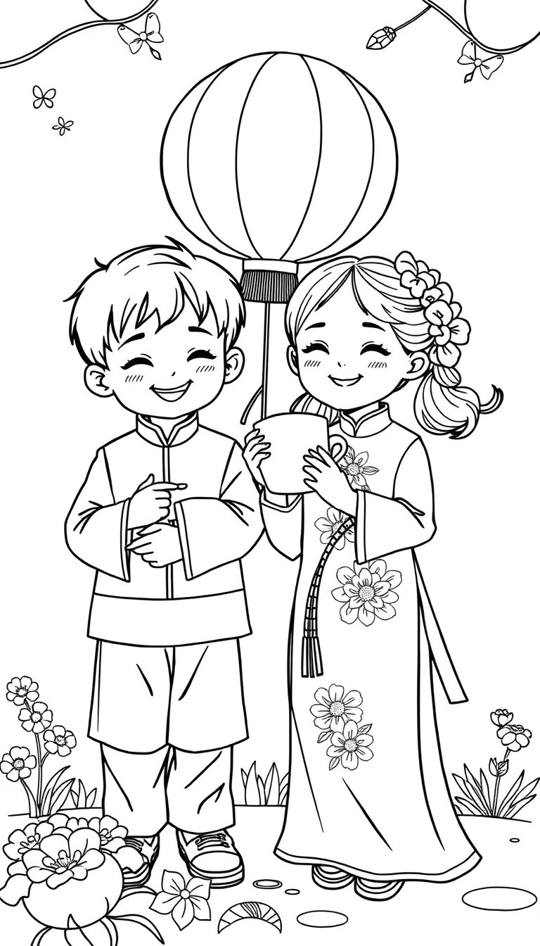 Create a 'paint-by-numbers' style coloring page for children. The scene features two Vietnamese children a boy and a girl in traditional Ao Dai, joyfully celebrating the Mid-Autumn Festival and holdin