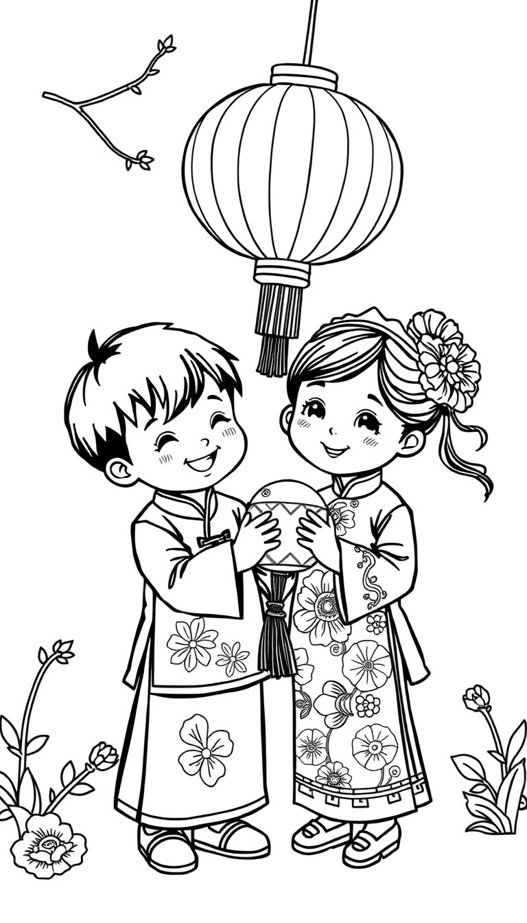 Create a 'paint-by-numbers' style coloring page for children. The scene features two Vietnamese children a boy and a girl in traditional Ao Dai, joyfully celebrating the Mid-Autumn Festival and holdin