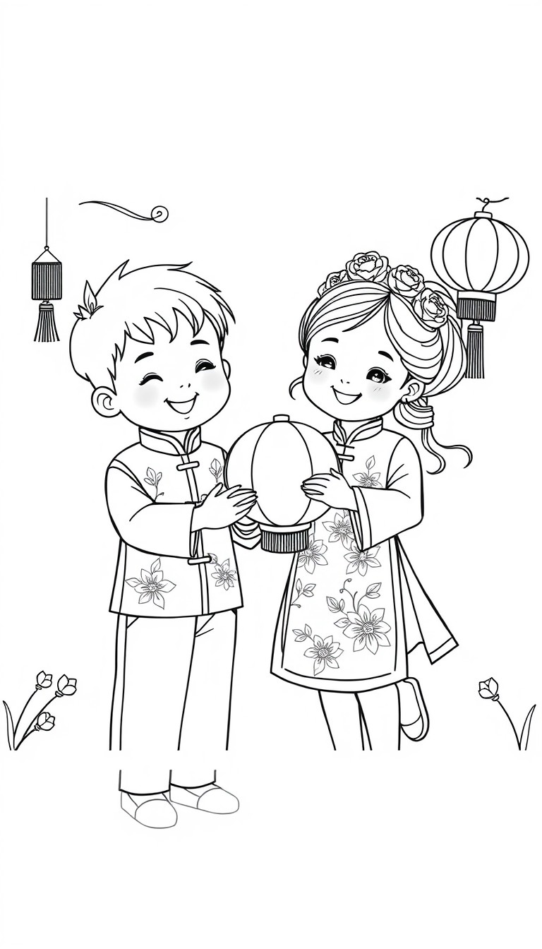 Create a 'paint-by-numbers' style coloring page for children. The scene features two Vietnamese children a boy and a girl in traditional Ao Dai, joyfully celebrating the Mid-Autumn Festival and holdin