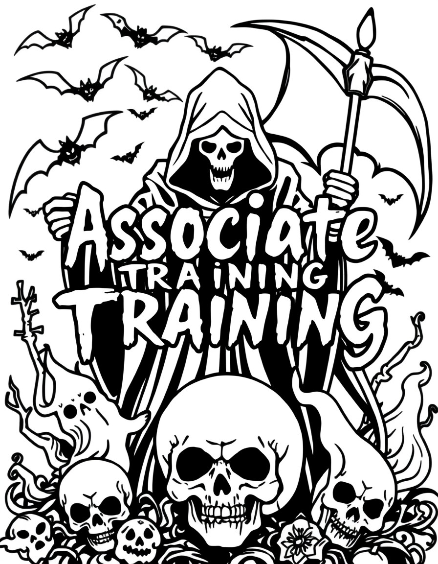 Associate training binder written over a background with the grim reaper and bats and skulls and sheet ghosts