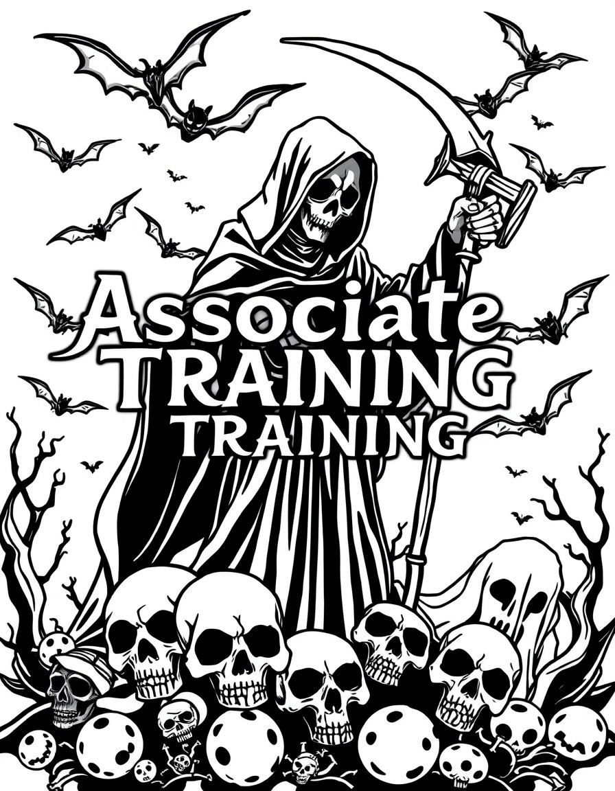 Associate training binder written over a background with the grim reaper and bats and skulls and sheet ghosts