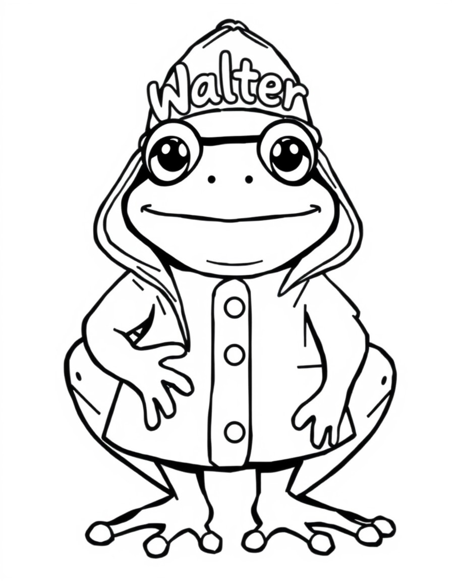 Frog with raincoat and the hat with text Walter