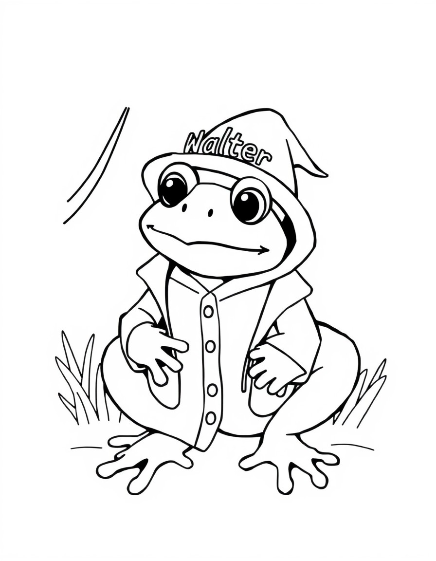 Frog with raincoat and the hat with text Walter