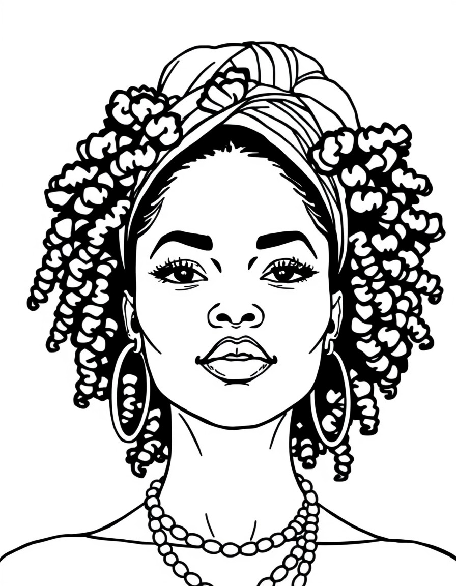 Line art illustration of a beautiful Black woman with natural hairafro, braids, or curlsexuding confidence, elegance, and grace. Include culturally inspired accessories like hoop earrings, headwraps,