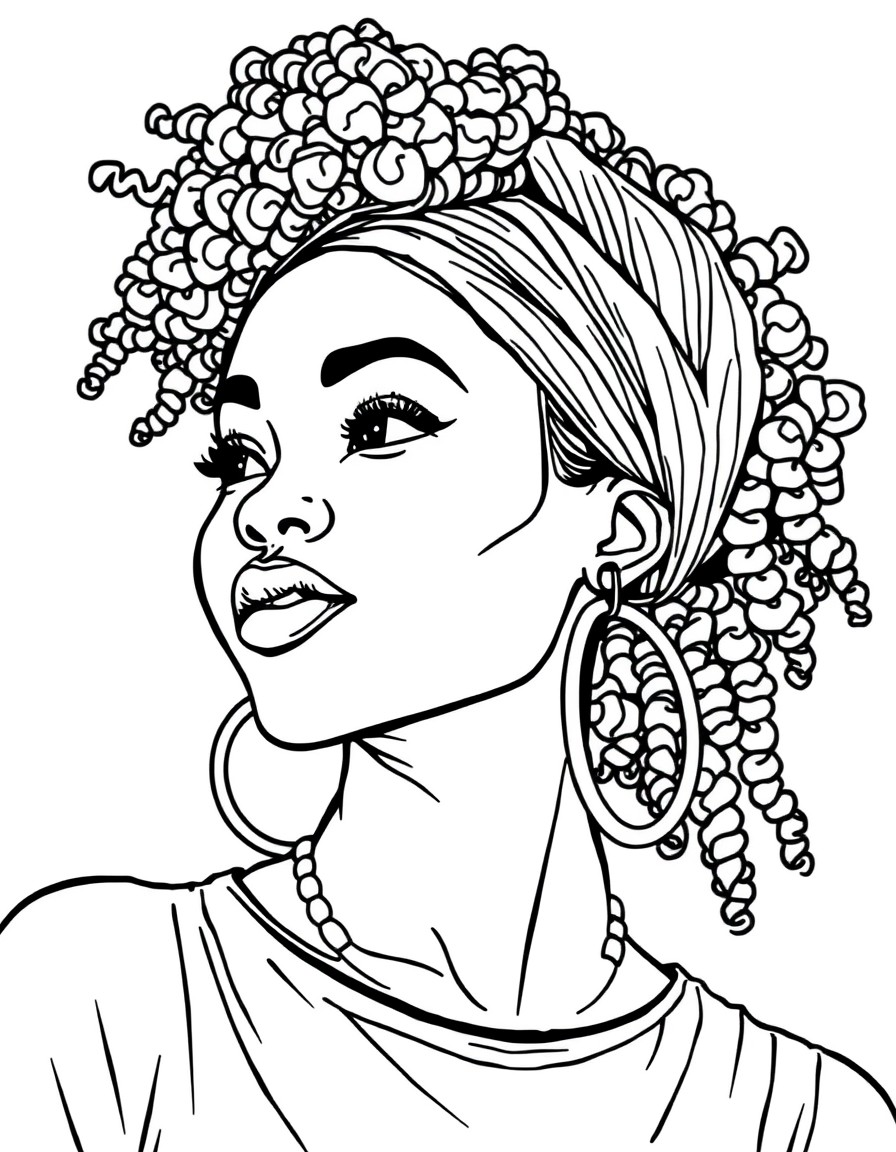 Line art illustration of a beautiful Black woman with natural hairafro, braids, or curlsexuding confidence, elegance, and grace. Include culturally inspired accessories like hoop earrings, headwraps,