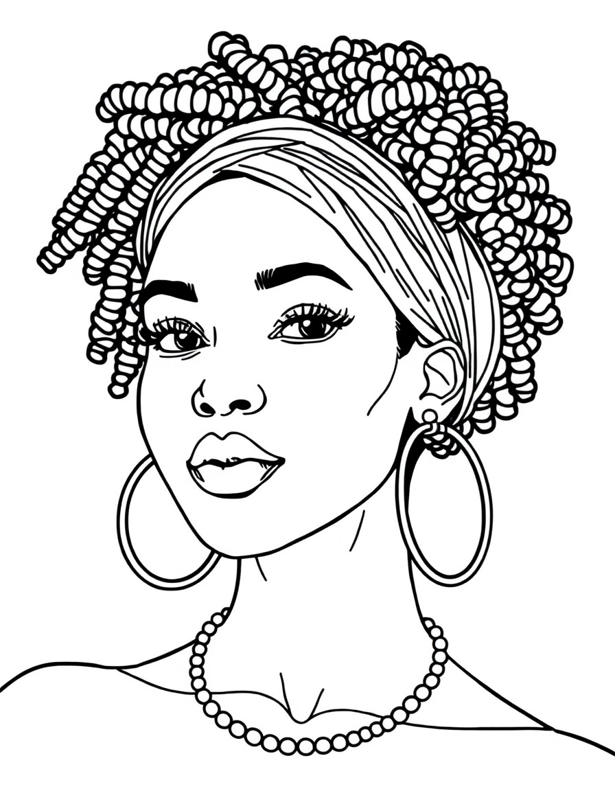 Line art illustration of a beautiful Black woman with natural hairafro, braids, or curlsexuding confidence, elegance, and grace. Include culturally inspired accessories like hoop earrings, headwraps,