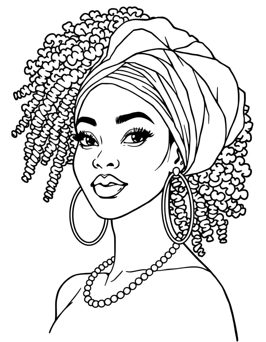 Line art illustration of a beautiful Black woman with natural hairafro, braids, or curlsexuding confidence, elegance, and grace. Include culturally inspired accessories like hoop earrings, headwraps,