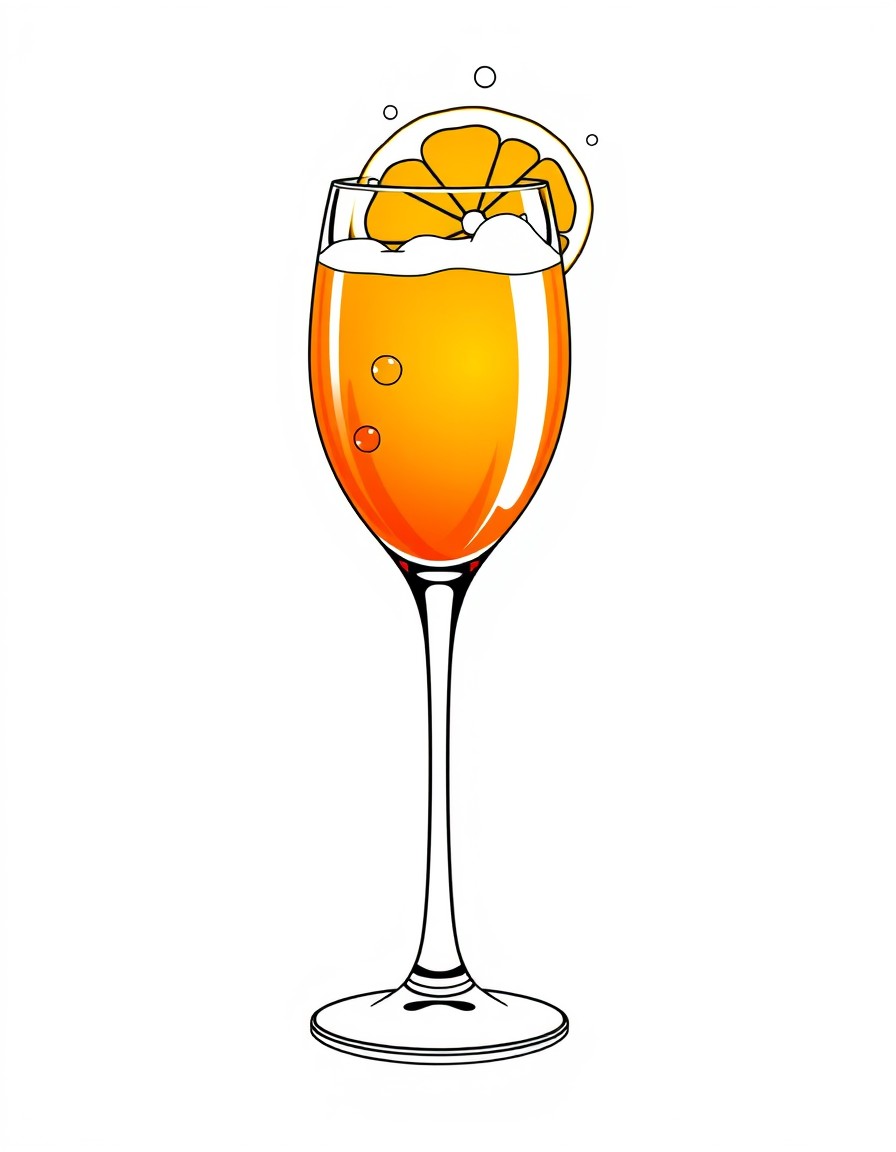A tall wine glass filled with a vibrant orange Aperol Spritz. A slice of orange rests on the rim of the glass. The design includes simple bubbles rising from the drink and a few soft lines around the