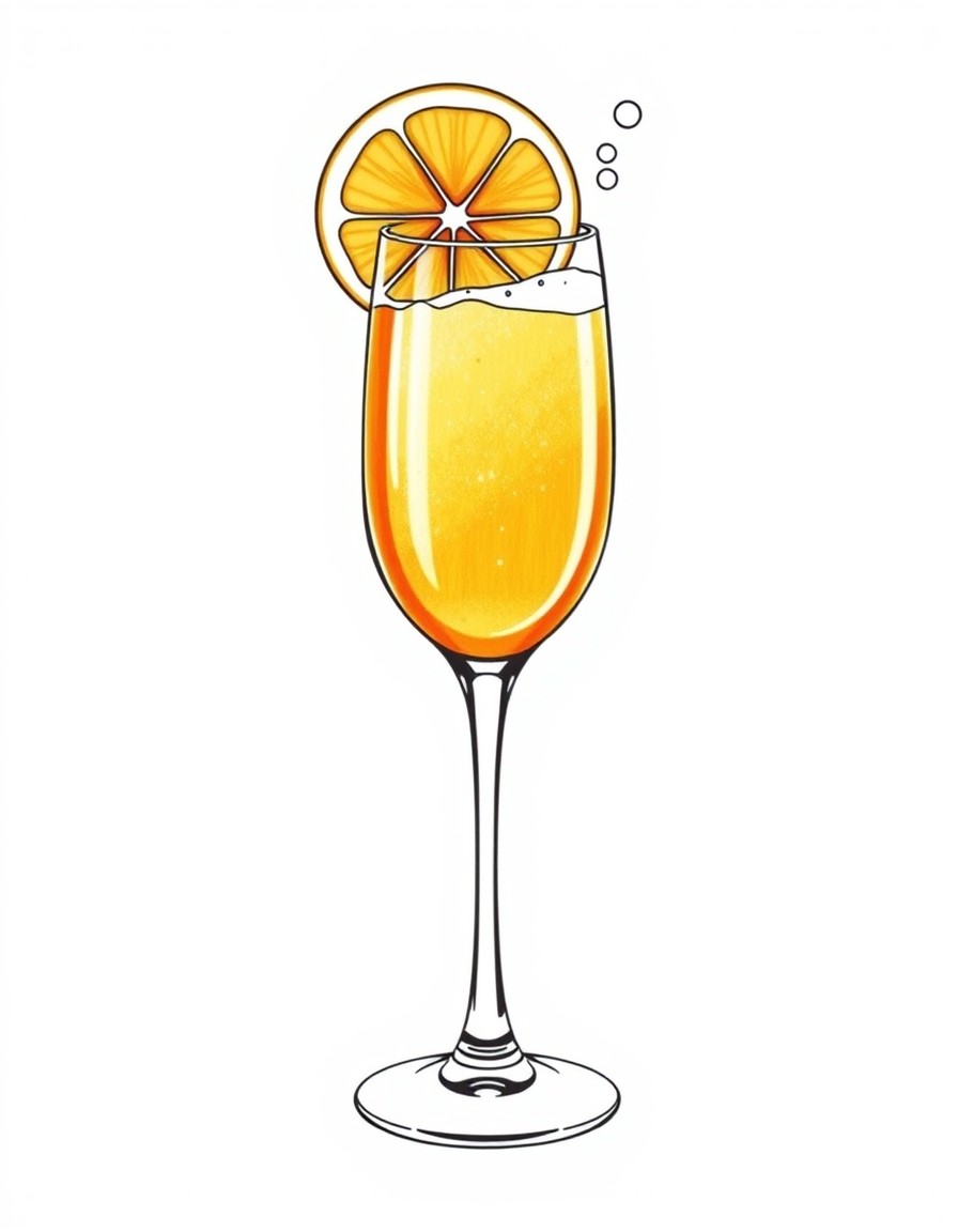 A tall wine glass filled with a vibrant orange Aperol Spritz. A slice of orange rests on the rim of the glass. The design includes simple bubbles rising from the drink and a few soft lines around the