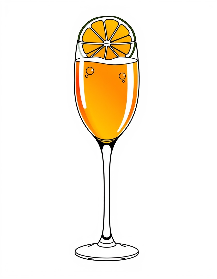 A tall wine glass filled with a vibrant orange Aperol Spritz. A slice of orange rests on the rim of the glass. The design includes simple bubbles rising from the drink and a few soft lines around the