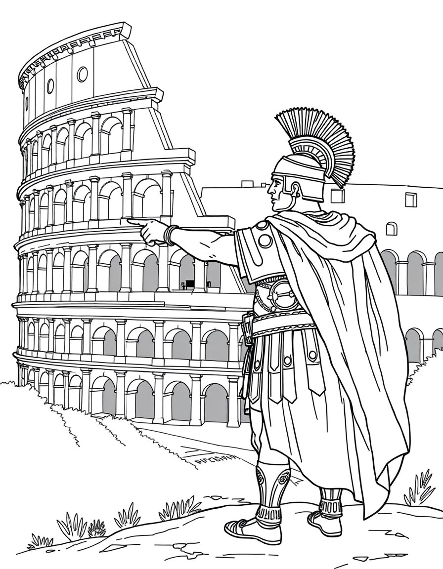A Roman Centurion standing in full uniform, pointing at the Colosseum