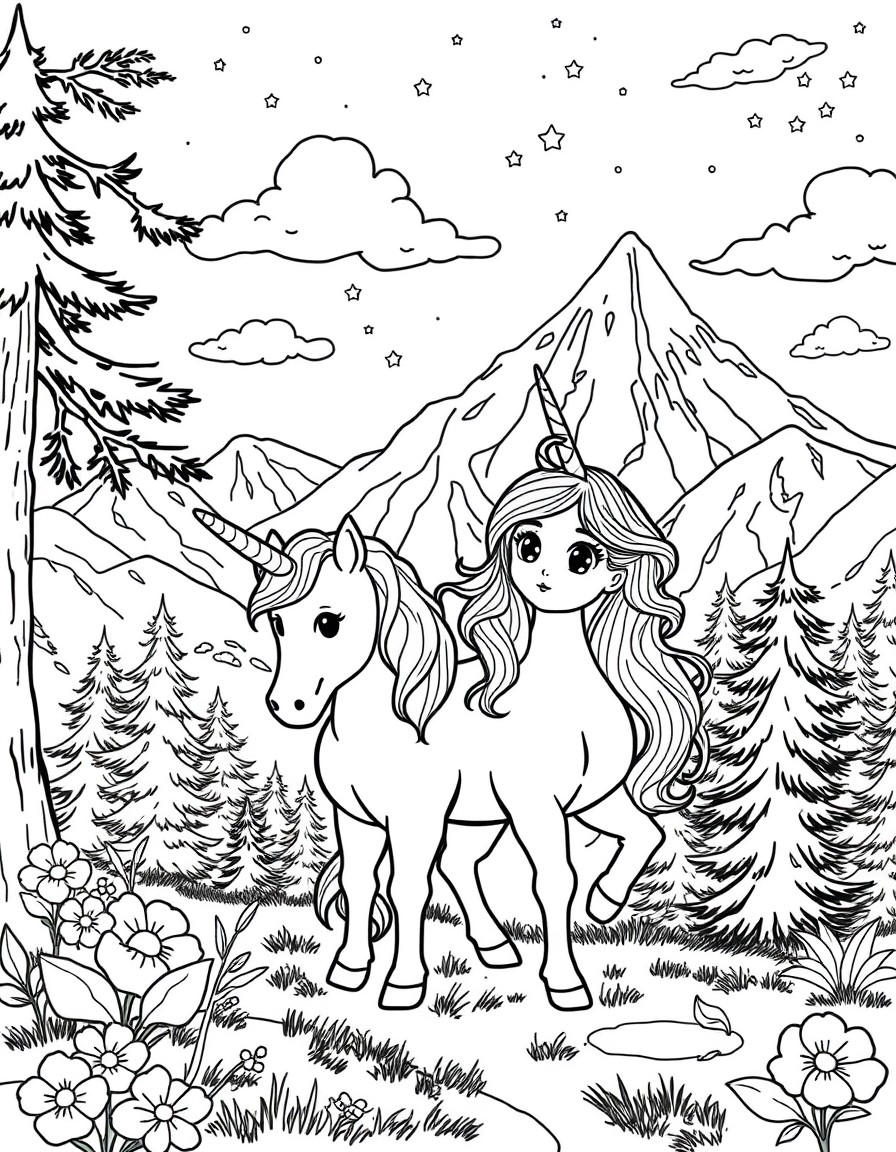 Una bambina con un cane e un unicorno in un bosco, sullo sfondo montagne, nuvole, sole e stelle