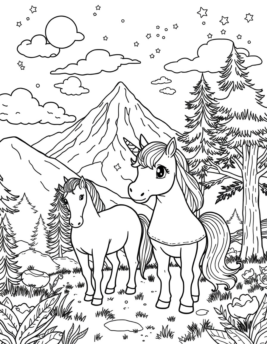 Una bambina con un cane e un unicorno in un bosco, sullo sfondo montagne, nuvole, sole e stelle