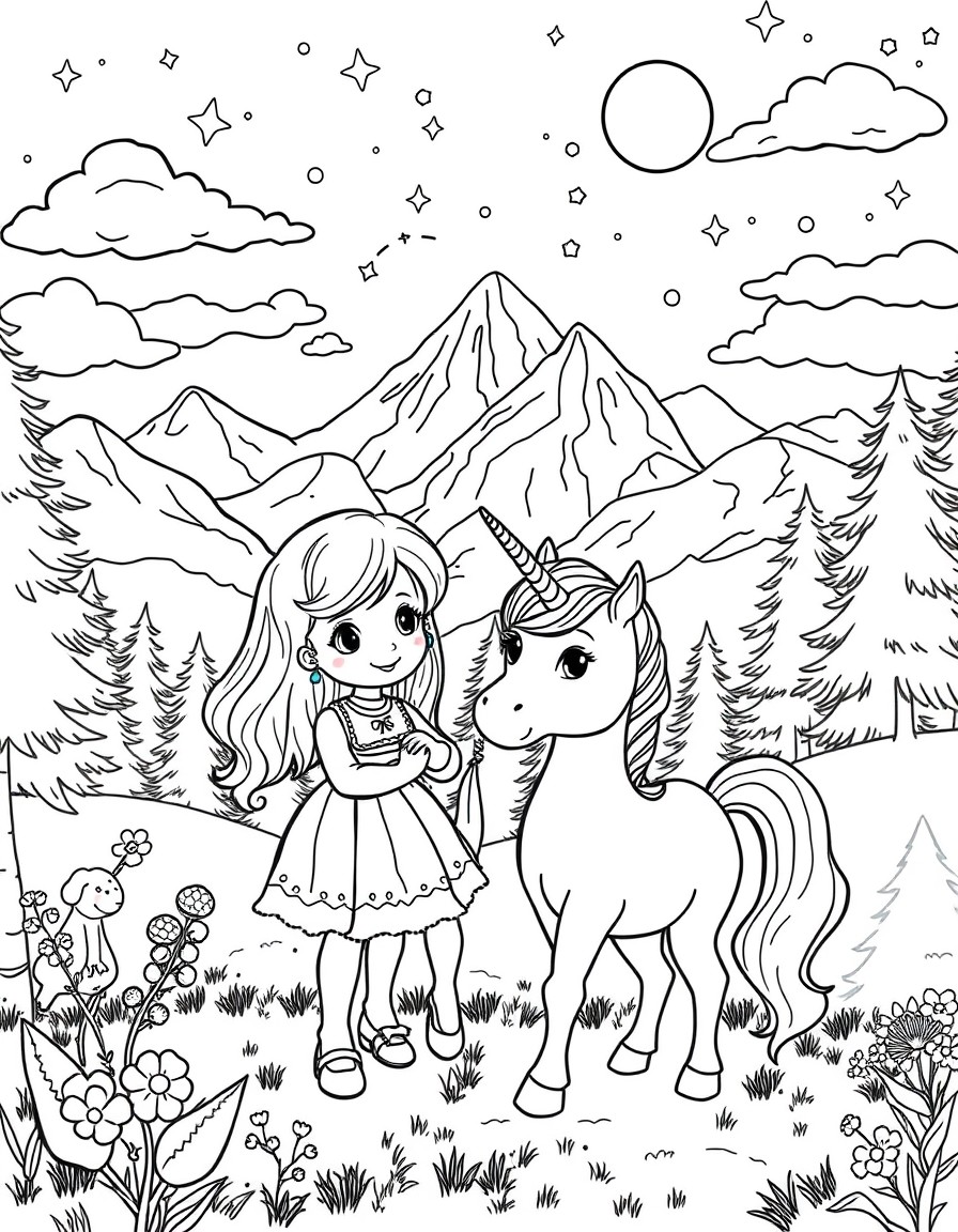 Una bambina con un cane e un unicorno in un bosco, sullo sfondo montagne, nuvole, sole e stelle