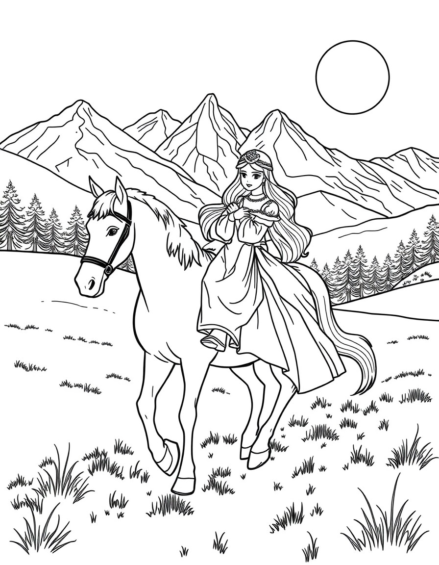 Una principessa con un cavallo che camminano in un prato con le montagne sullo sfondo e il sole