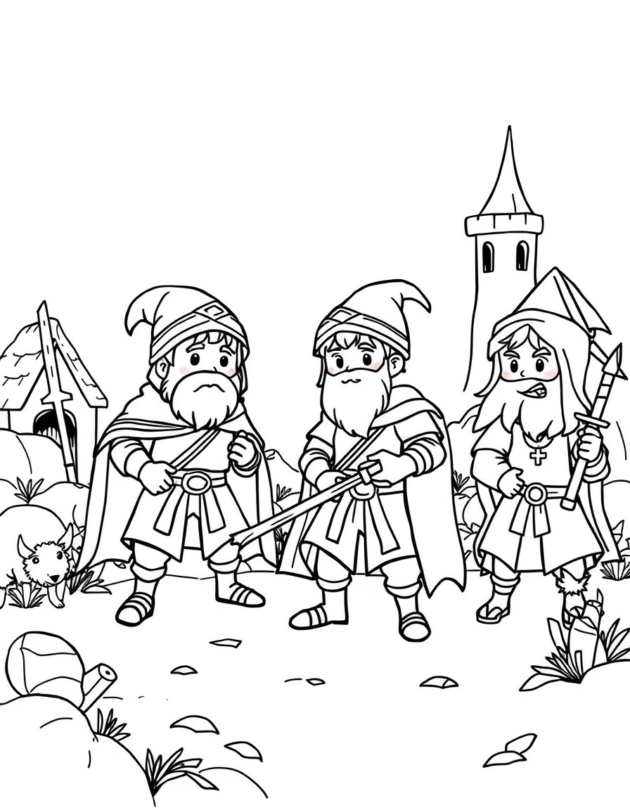 cute medieval characters in action scenes