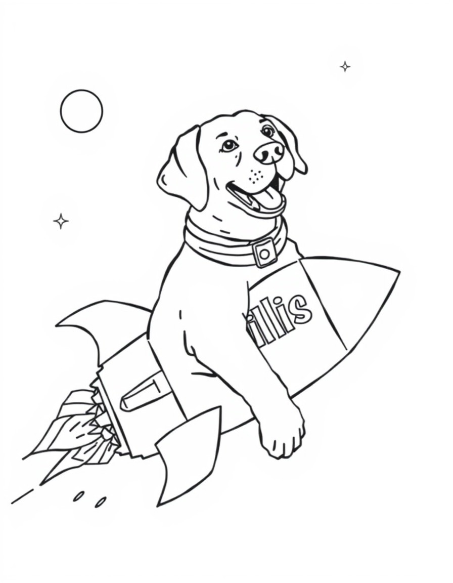 A Labrador retriever riding a rocket ship that has the name "Willis" on it