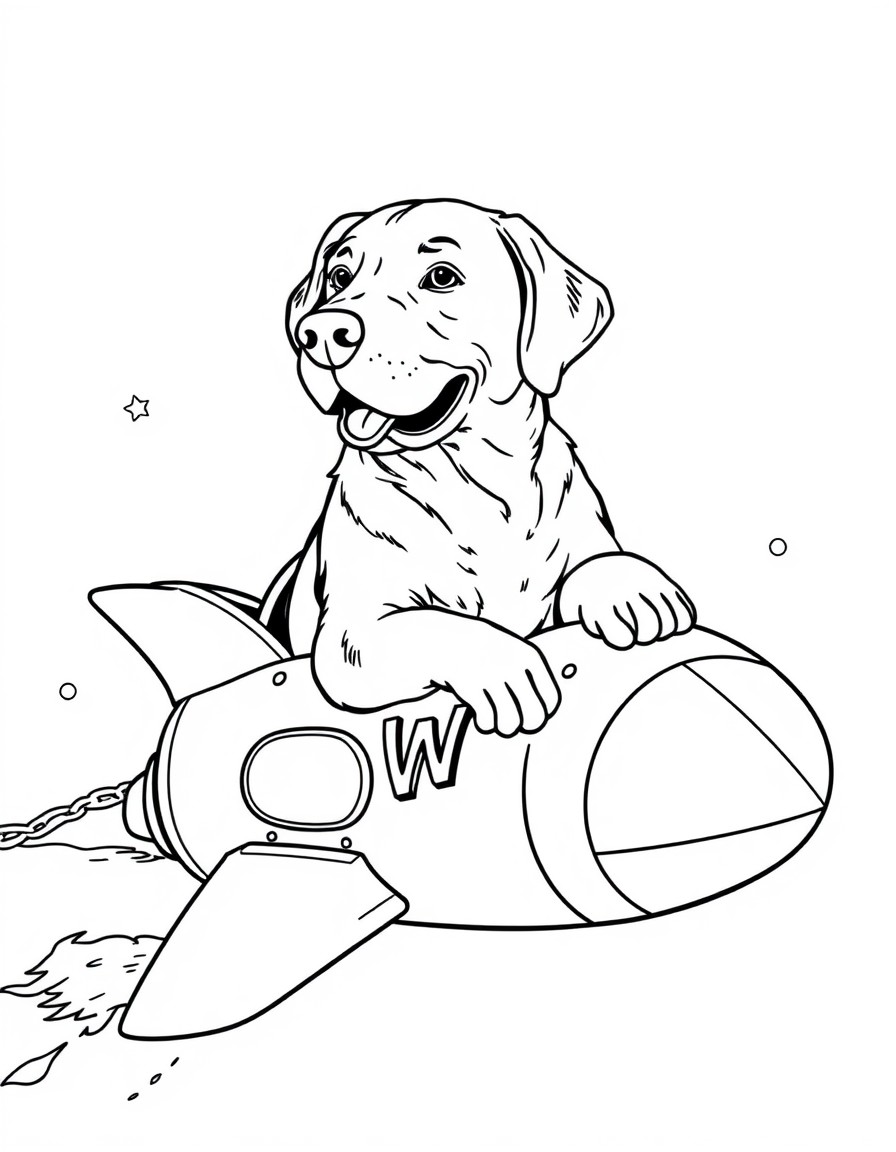A Labrador retriever riding a rocket ship that has the name "Willis" on it