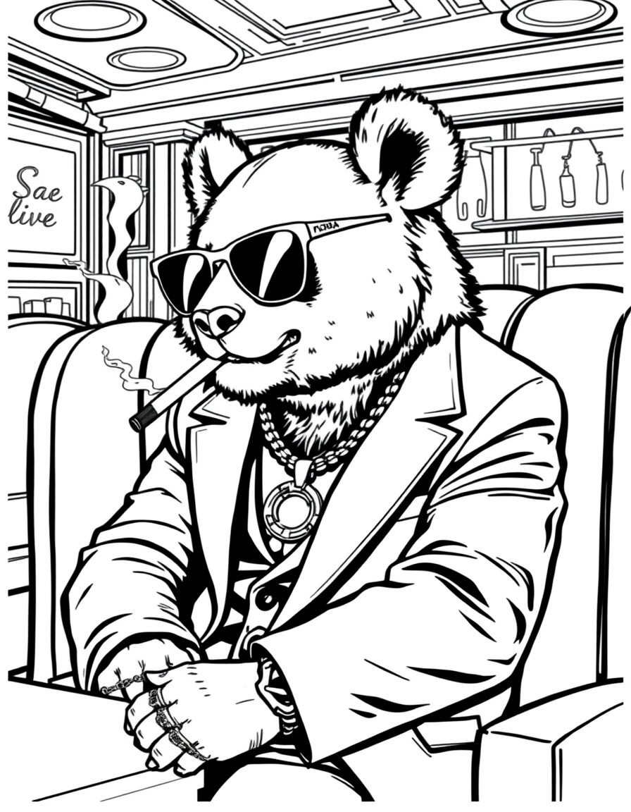 a panda bear with sunglasses on, a suit jacket and gold chains, and rings.  Sitting the the back of a seedy restaurant booth like a mafia boss.  Cigar in hand.