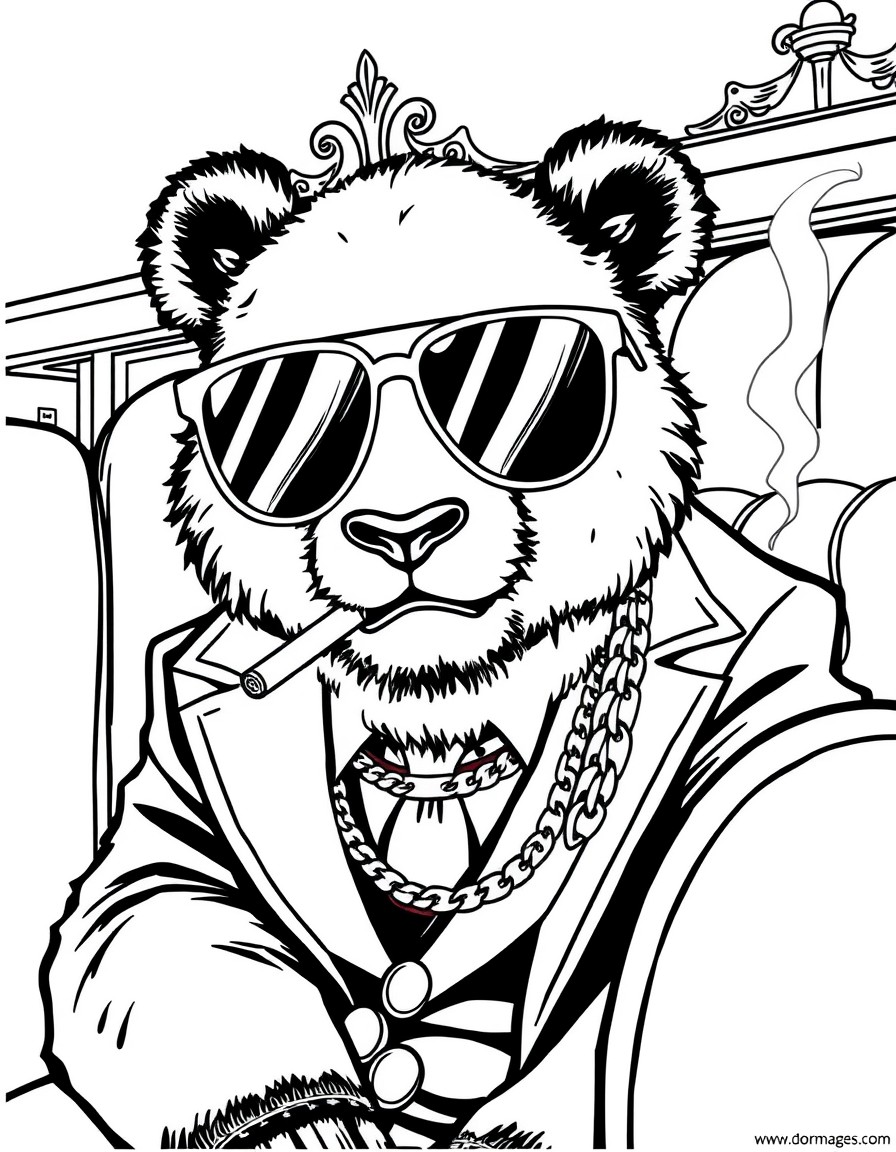 a panda bear with sunglasses on, a suit jacket and gold chains, and rings.  Sitting the the back of a seedy restaurant booth like a mafia boss.  Cigar in hand.