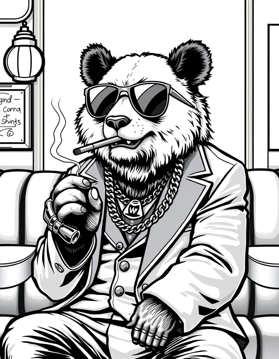 a panda bear with sunglasses on, a suit jacket and gold chains, and rings.  Sitting the the back of a seedy restaurant booth like a mafia boss.  Cigar in hand.
