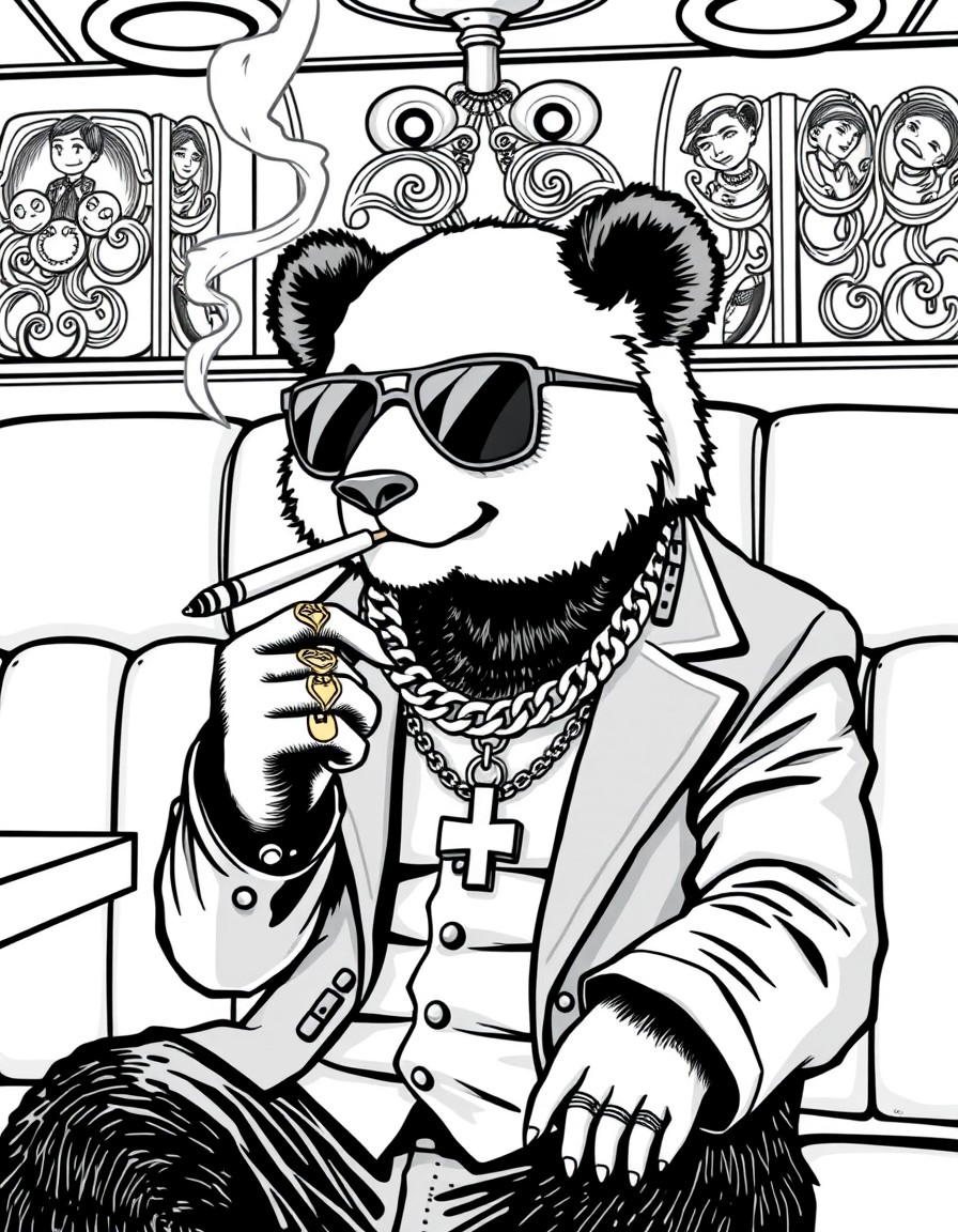 a panda bear with sunglasses on, a suit jacket and gold chains, and rings.  Sitting the the back of a seedy restaurant booth like a mafia boss.  Cigar in hand.