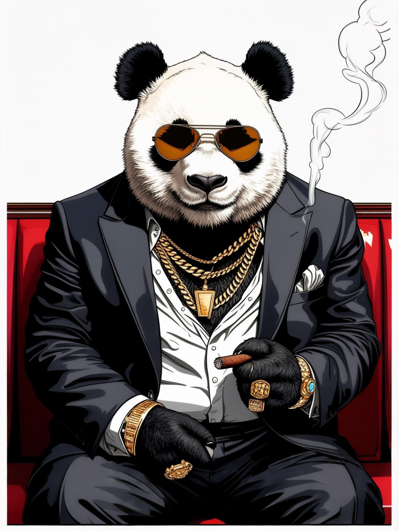 a fat panda bear with sunglasses on, a suit jacket and gold chains, and rings.  Sitting the the back of a seedy restaurant booth like a mafia boss.  Cigar in hand.